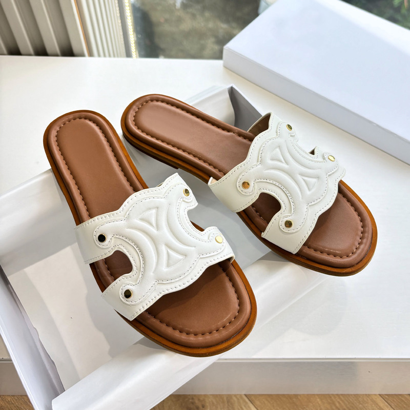 Arc De Triomphe Holiday Slippers Women's Embroidered Denim Genuine Leather Retro Flat-Soled Casual Outer Wear Beach Sandals