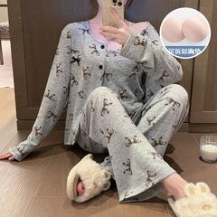 绵羊绒睡衣女秋冬季新款甜美纯欲风带胸垫长袖三件套家居服可外穿