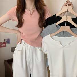 小V领短款设计感修身上衣女夏季露脐纯色短袖T恤女性感外贸女装潮