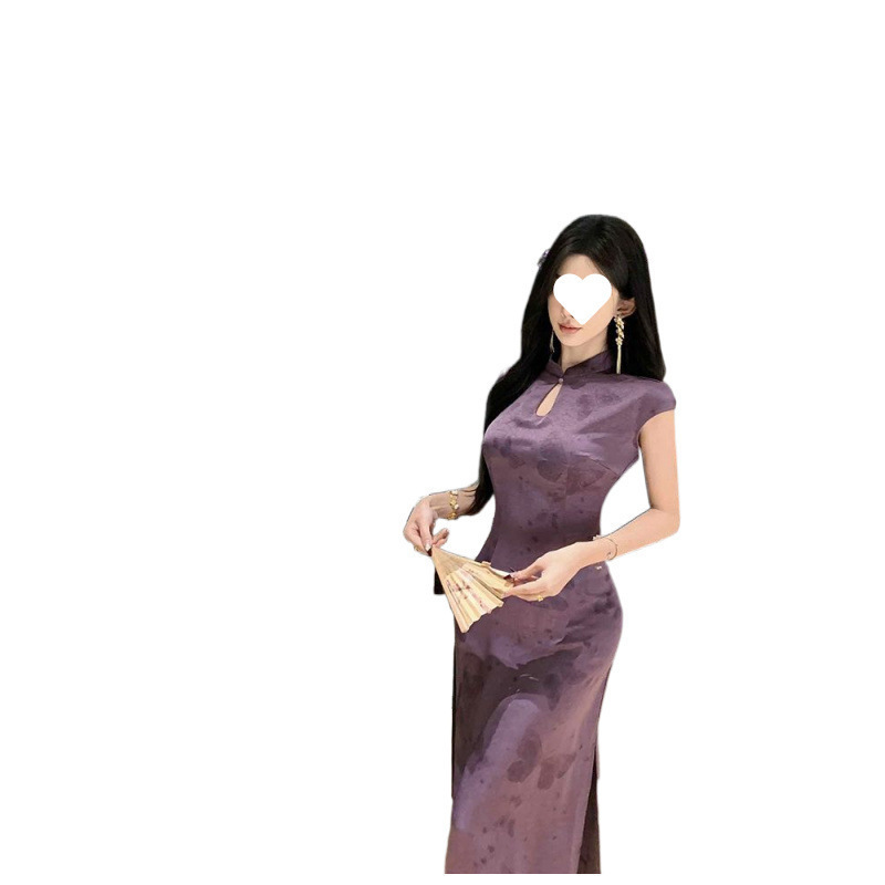 Purple, Flattering, New Chinese-style, High-end, Improved Printed Short-sleeve Cheongsam, 2025 Summer Elegant Long Dress_ecoleips.com