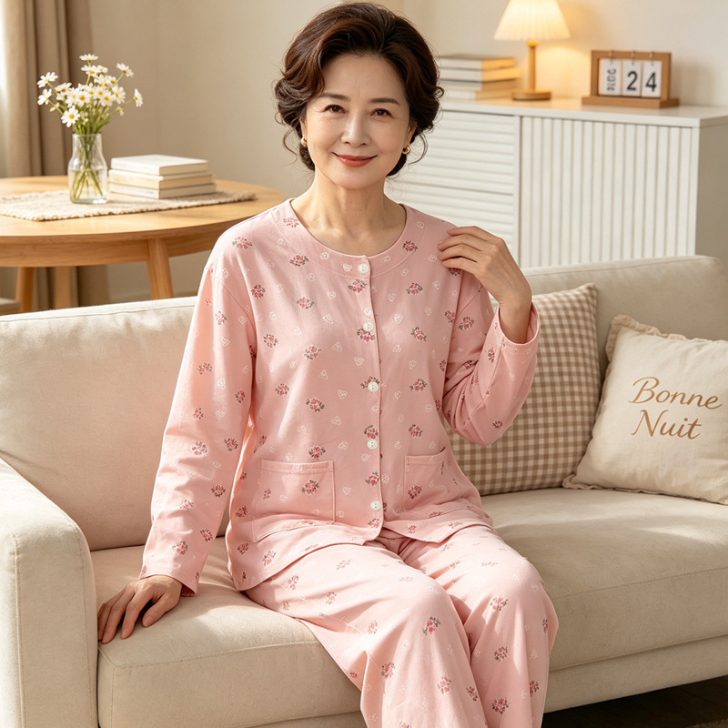 Autumn new style for middle-aged and elderly women, grandma-style round-neck faux cotton two-pocket fashionable age-reducing long-sleeve two-piece pajama set wholesale Autumn new style for middle-aged and elderly women, grandma-style round-neck faux cotton two-pocket fashionable age-reducing long-sleeve two-piece pajama set wholesale