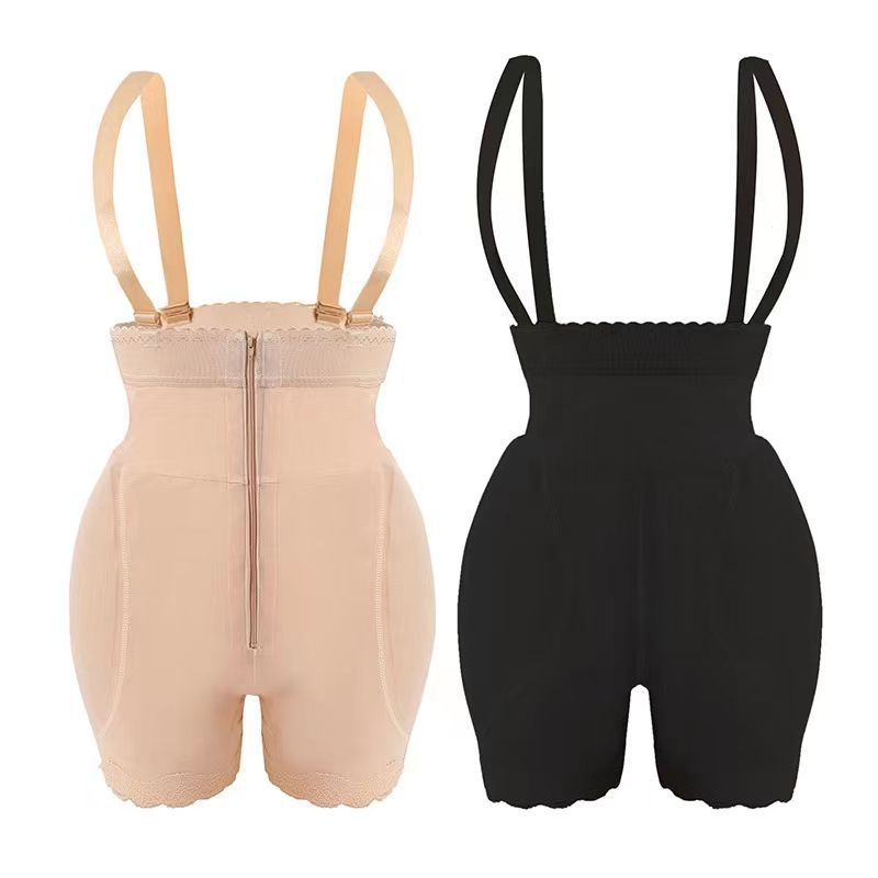Cross-border high-waisted one-piece zip-up suspender pants with enhanced hip and buttock shaping, tummy-control design, detachable fake butt, and body-shaping waist trainer.