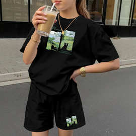 跨境女童夏季油画风景小黑猫印花索罗娜面料短袖短裤森系休闲两件