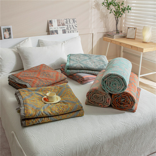 Double-layer yarn soy jacquard pure cotton quilted summer quilt four-piece set cotton air-conditioning quilt thin quilt retro style bedding