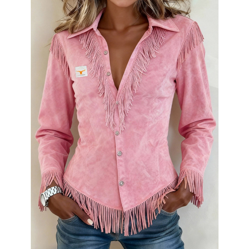 In-Stock Foreign Trade Cross-Border 2026 Western Cowboy Style Suede Fringe Slim-Fit Long-Sleeve Shirt
