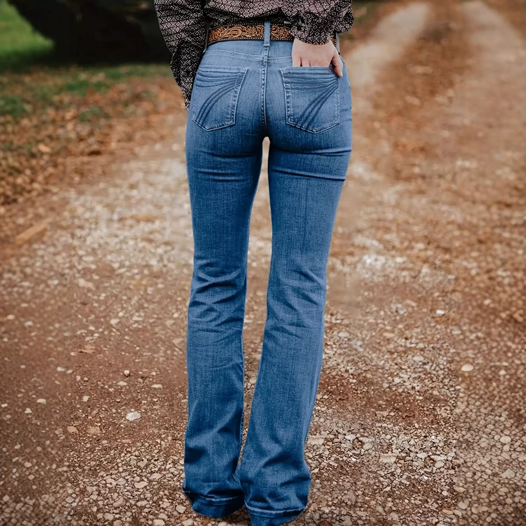 欧美跨境女式弹力牛仔裤刺绣微喇叭修身长裤蓝色灰色WOMEN JEANS