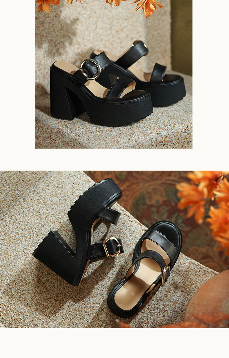 Sandal cao gót nữ da thật 13cm đế dày hở mũi quai ngang gót thô — Màu đen, Màu mơ chi tiết 6