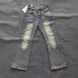 民族风拼接贴布牛仔裤男生秋冬新款美式复古休闲垂感直筒微喇长裤