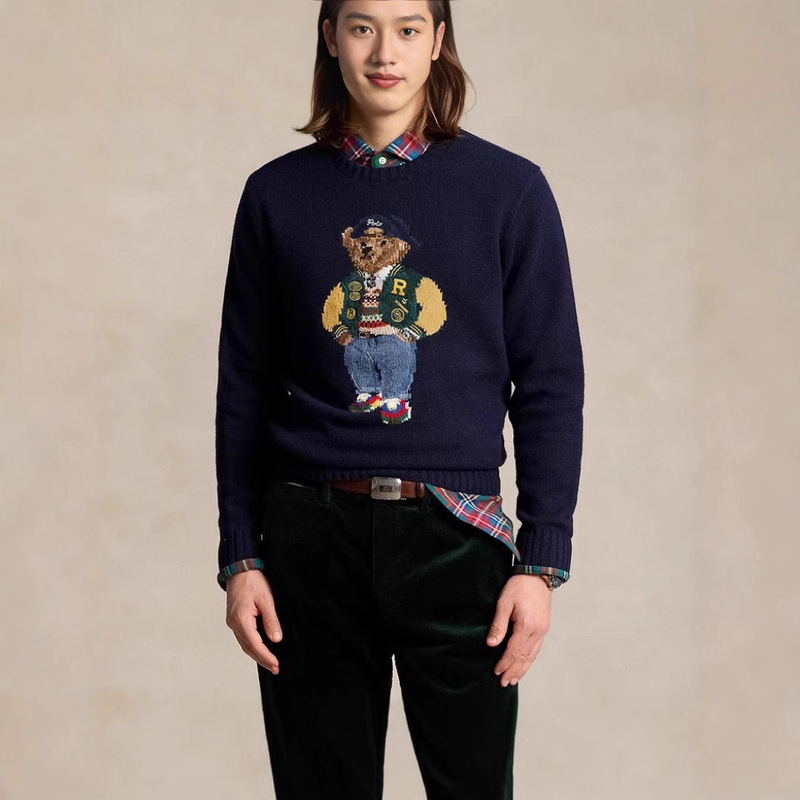 Xiaoma~ Classic Embroidered Bear Wearing an Iconic Baseball Cap, Casual Preppy Style Versatile Pullover Knitwear