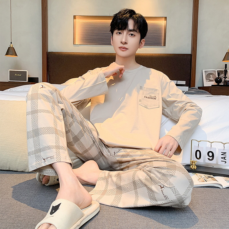 Pijamas de algodón para hombres de primavera y otoño de manga larga delgada Juventud de mediana edad casual de algodón suelto más el tamaño de desgaste para el hogar traje de hombre