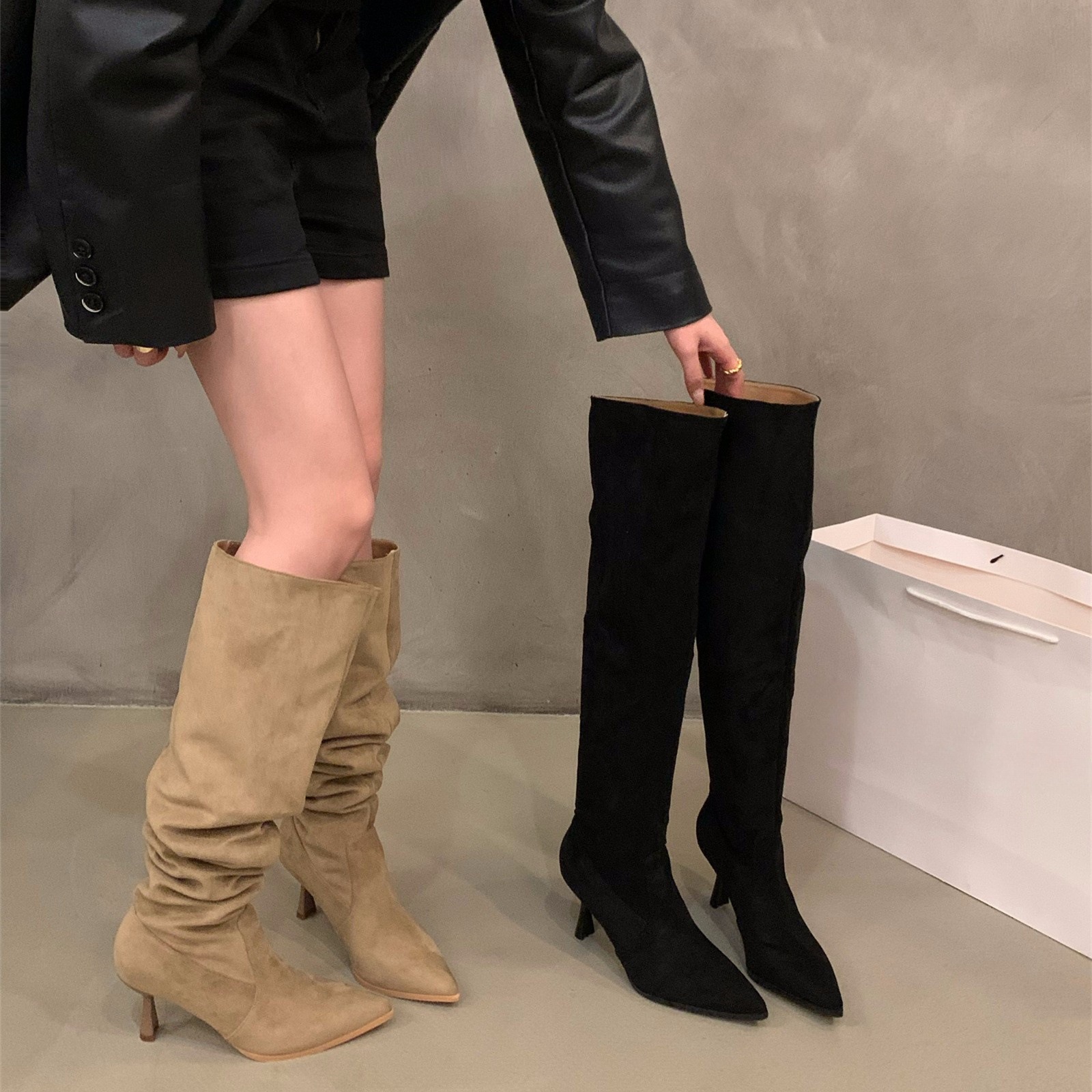 High heel Khaki over the knee pile boots women's new fall/winter pointy skinny knight boots_voghion.com