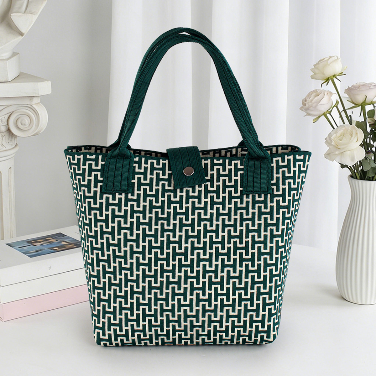 Bolso de tejido coreano de gran capacidad de transporte de moda de mil pájaros bolsos de mano casuales versátiles bolsos de bento image 6