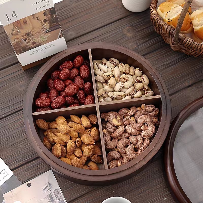 Caja de madera de doble capa de madera nueva caja de dulces chinos caja de nueces casera sala de estar semillas de melón bandeja de almacenamiento de bocadillos