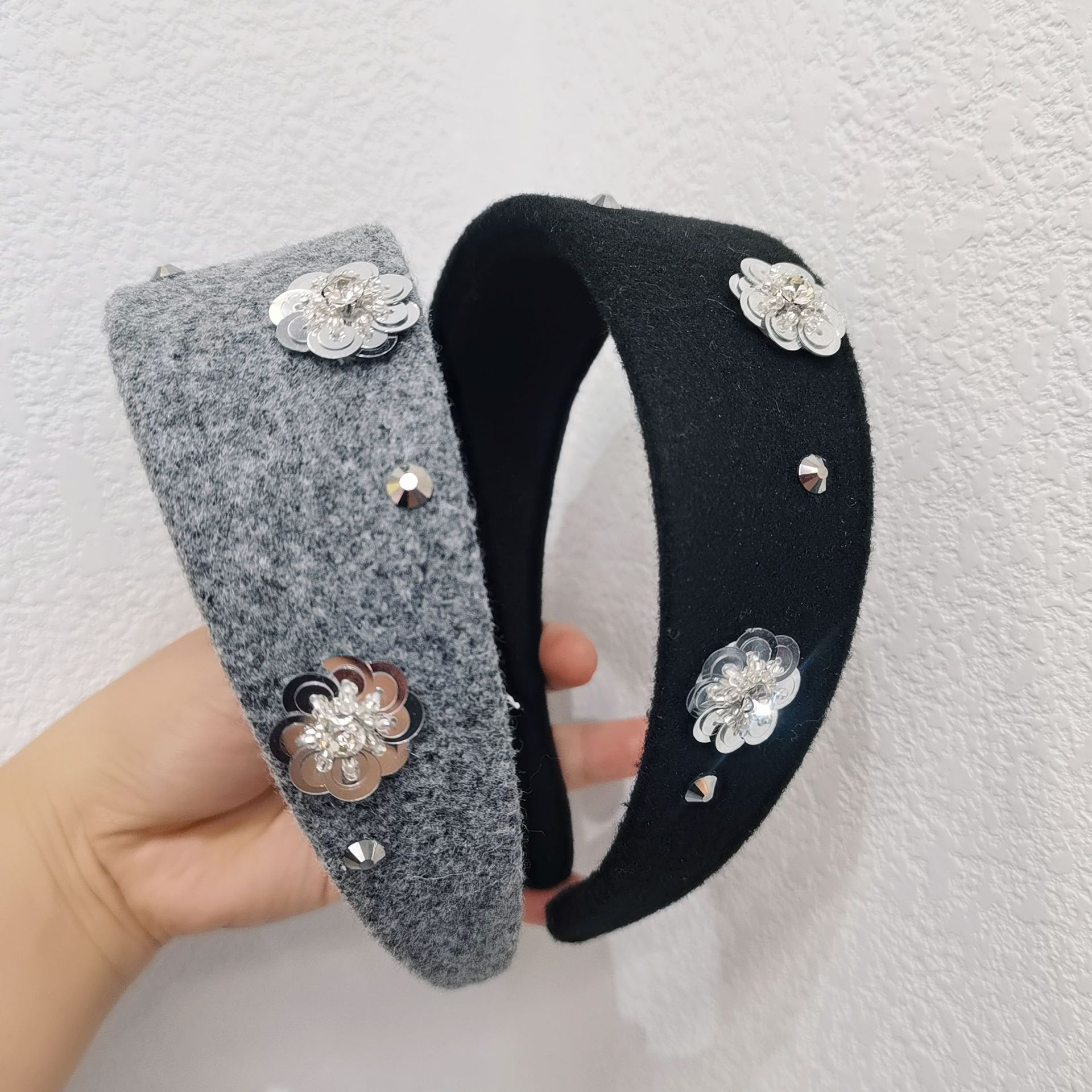Korean-style Vintage Wide-brimmed Sequin Floral Headband For Women, High-end Face-washing Headband, High-crown Hair Clip_voghion.com