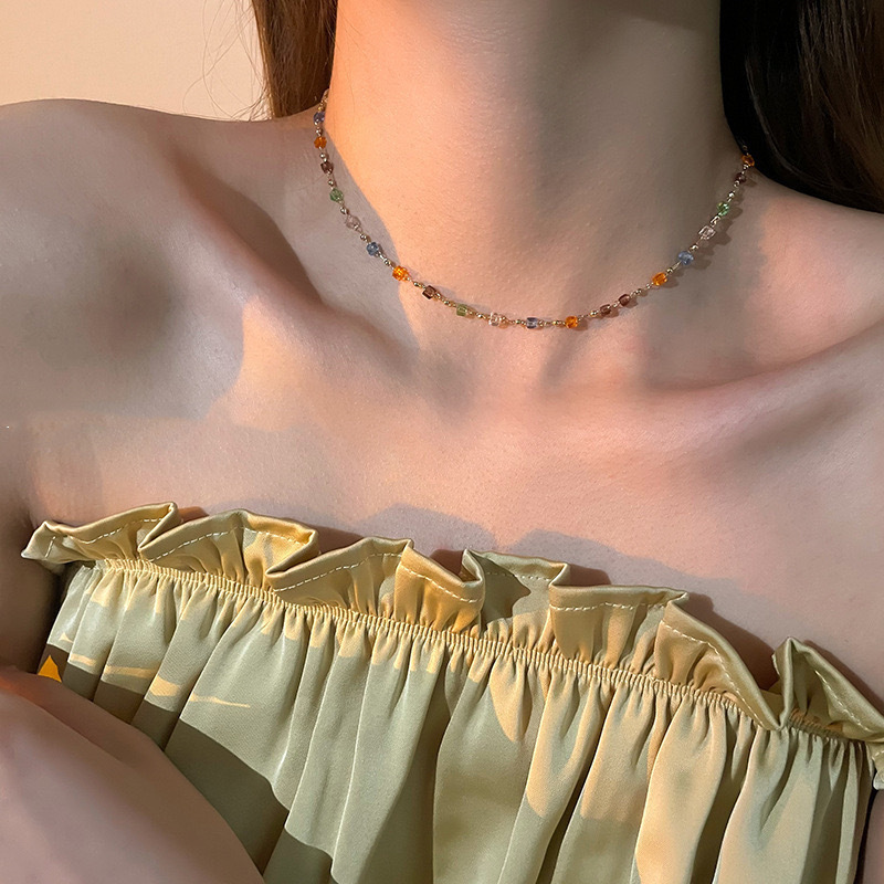 Summer Colorful Crystal Necklace 2024 New Women's Accessible Luxury Niche Fairy Clavicle Chain Simple and High-End