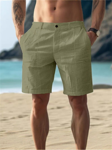 Men's cotton and linen summer pure color buttons beach daily outdoor breathable straight casual shorts