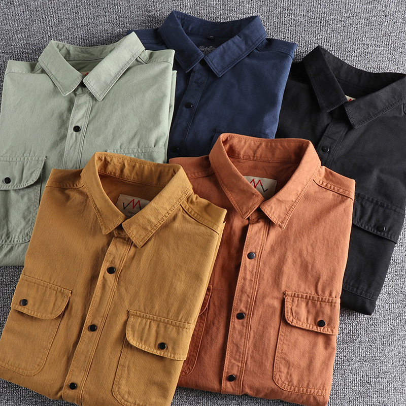 Vintage American-Style Workwear Double-Pocket Shirt, Amekaji Tough Guy Army Green Casual Retro Shirt for Men, Autumn Vintage American-Style Workwear Double-Pocket Shirt, Amekaji Tough Guy Army Green Casual Retro Shirt for Men, Autumn