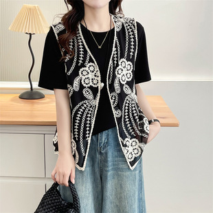 2025 Summer Plus Size Embroidered Vest Women's V-Neck Fashionable Cardigan for Plus Size Girls 5095