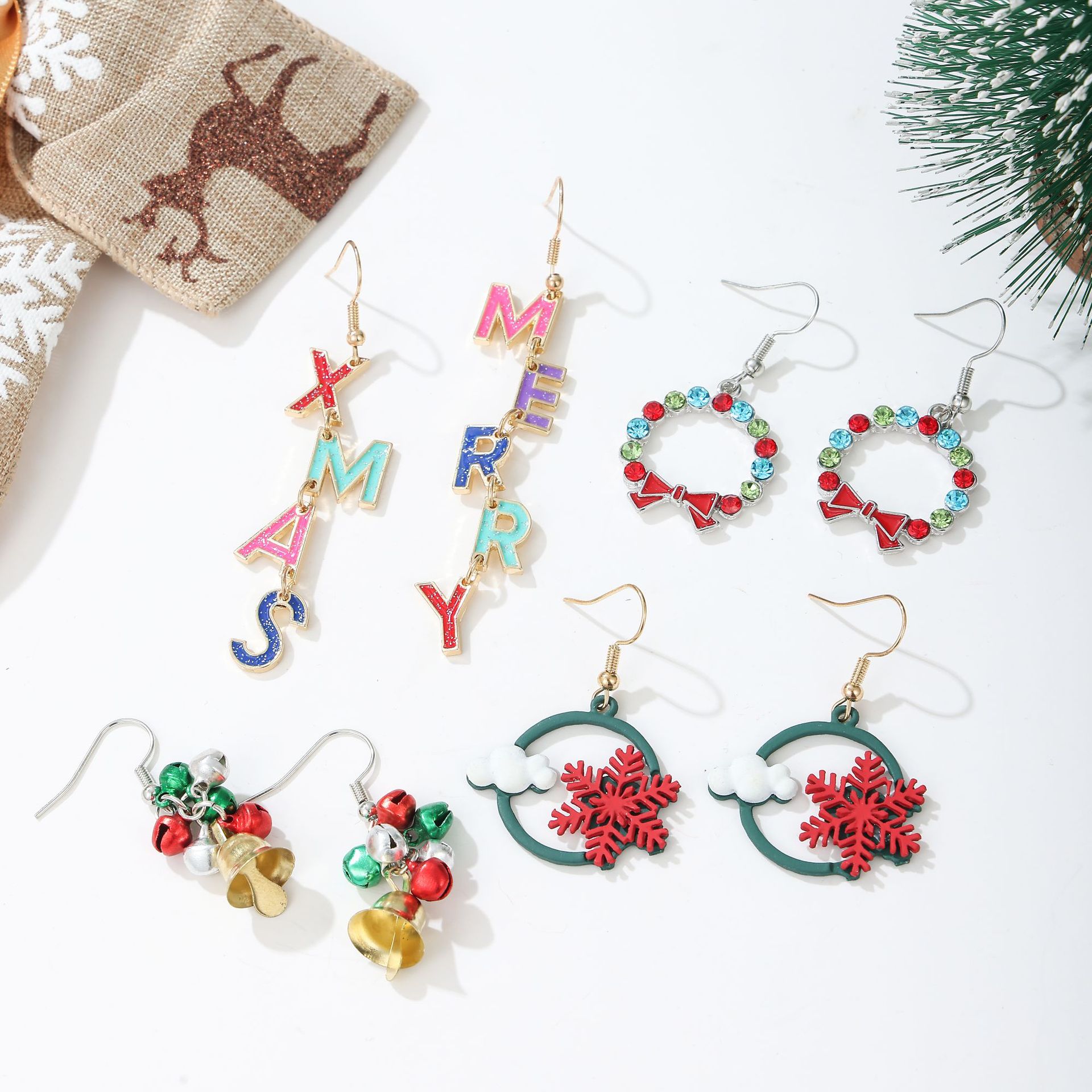 Christmas Tree Snowflake And Bell Drop Earrings With Diamonds_voghion.com