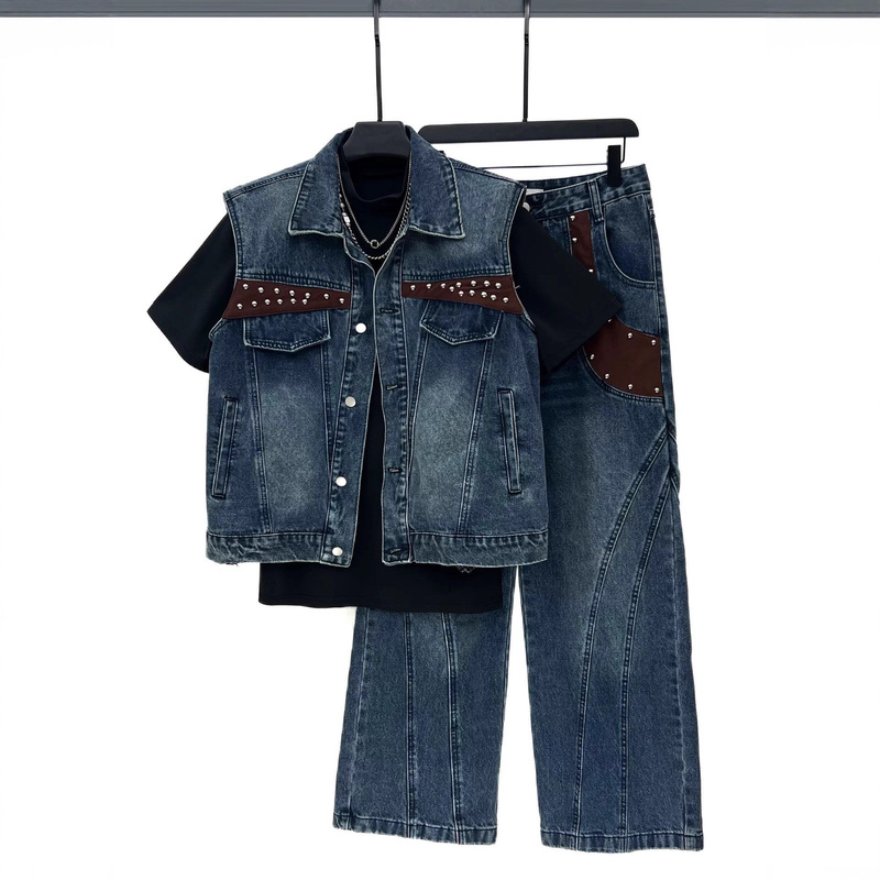Washed Sleeveless Denim Vest and Trousers Suit for Boys Summer Handsome Spliced ​​Leather Loose Jacket Wide Leg Pants Suit