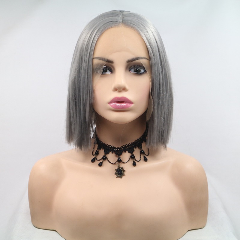 Wig Women's Hand Hook Front Lace Chemical Fiber wigs High Temperature Silk Grey BOBO Head Short Straight Daily Full Top Headgear