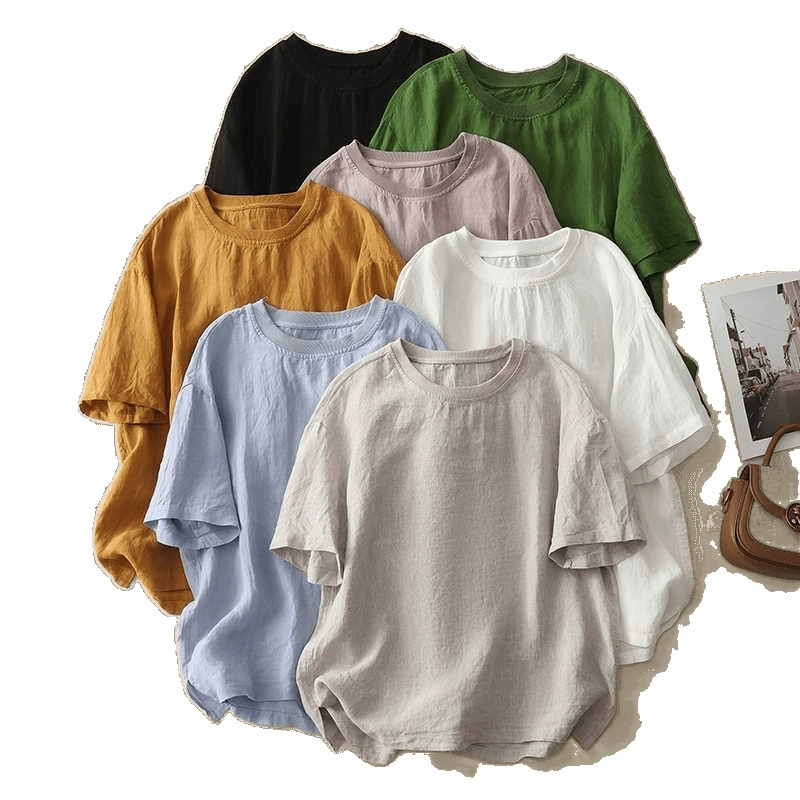 Ретро футболка с коротким рукавом, хлопок и лен, стиль leisure, размеры M–2XL