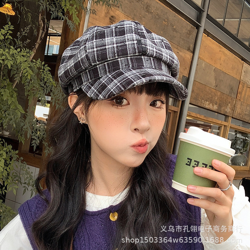 2025新款英伦复古格子八角帽子女春秋季户外休闲显脸小鸭舌画家帽|undefined