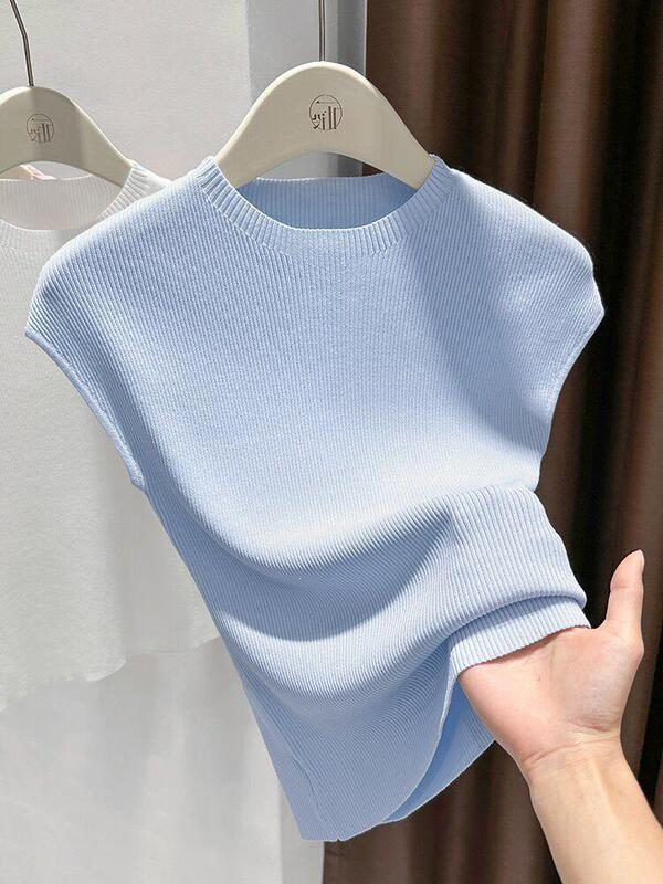 Blue Ice Silk Knit Top for Women, Summer Short-Sleeve T-Shirt, Stylish Inner Layer, Slim-Fit Sleeveless Top
