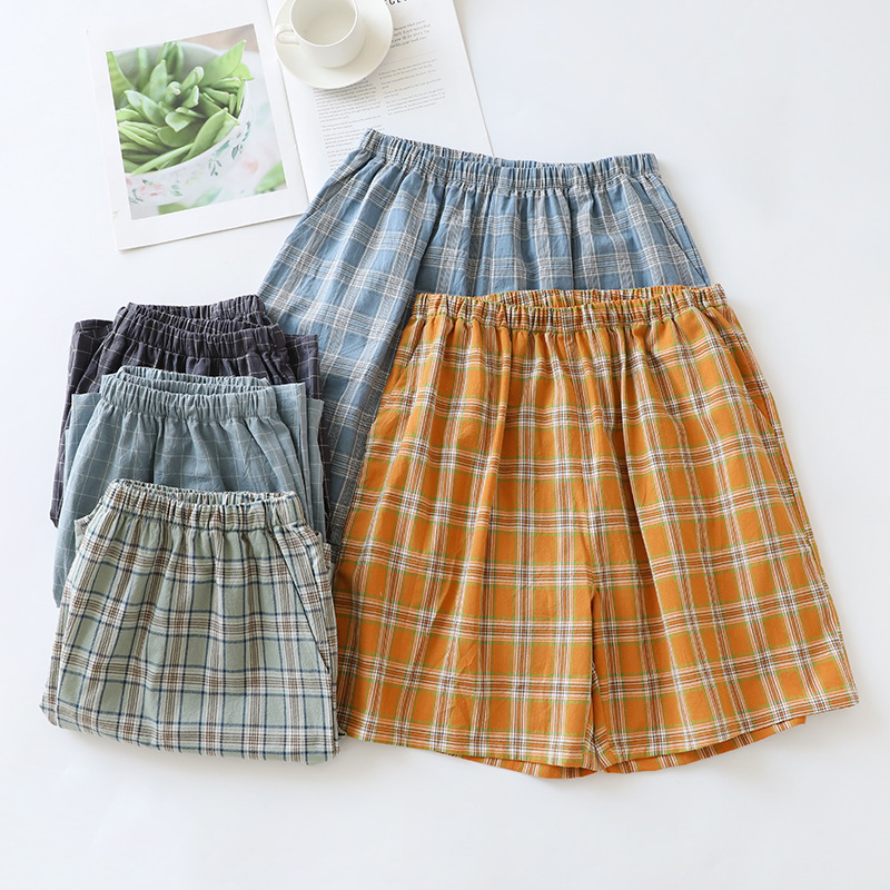 Washed Cotton Summer Men's Pure Cotton Shorts Five-Point Home Pants Large Size Plus Fat Square Plaid Cotton Single-Layer Cotton Youth