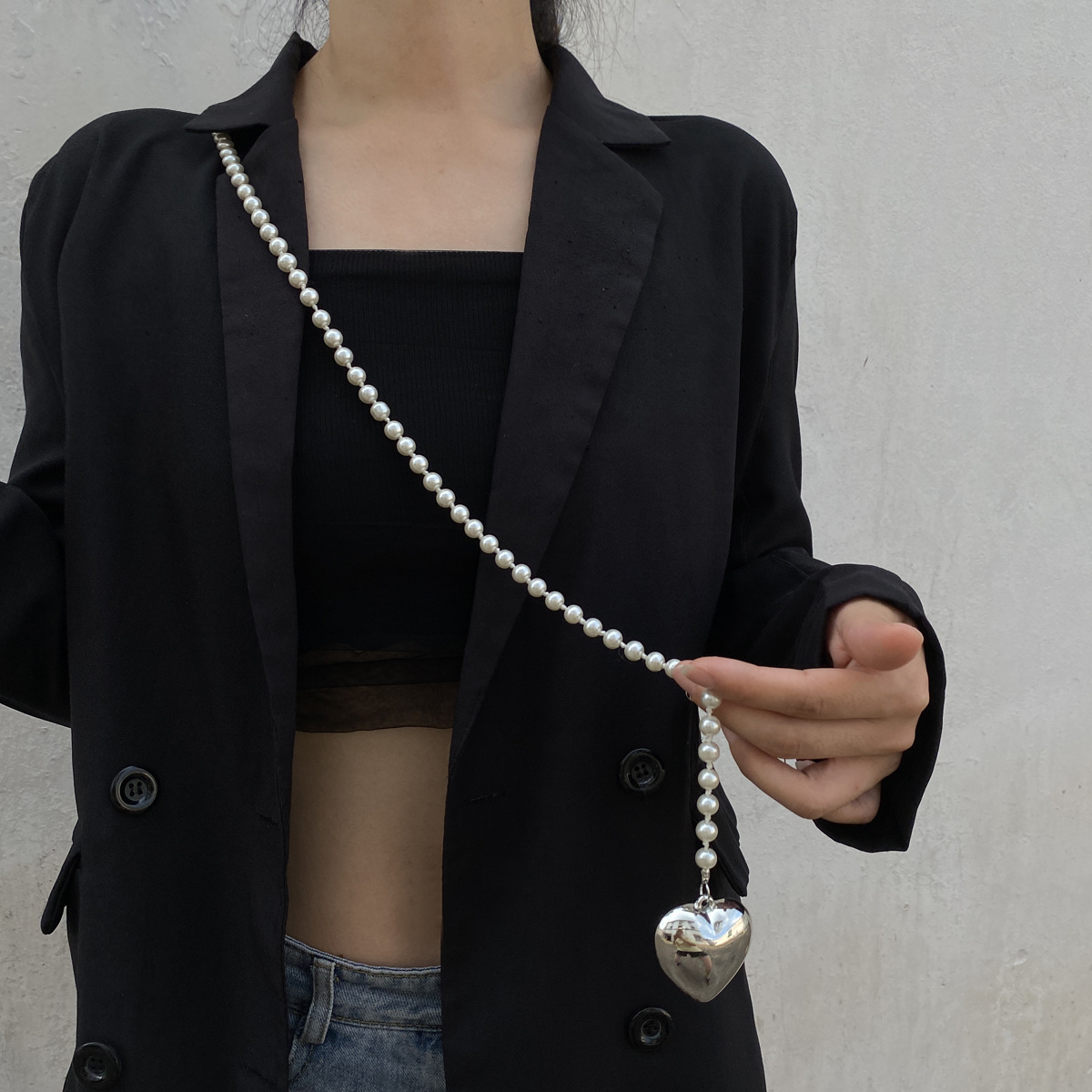 leichte Luxus Perlenriemen weibliche Dekoration Metall Silber Herz Accessoires Taillenkette Cross Body vielseitiger Modegürtel_voghion.com