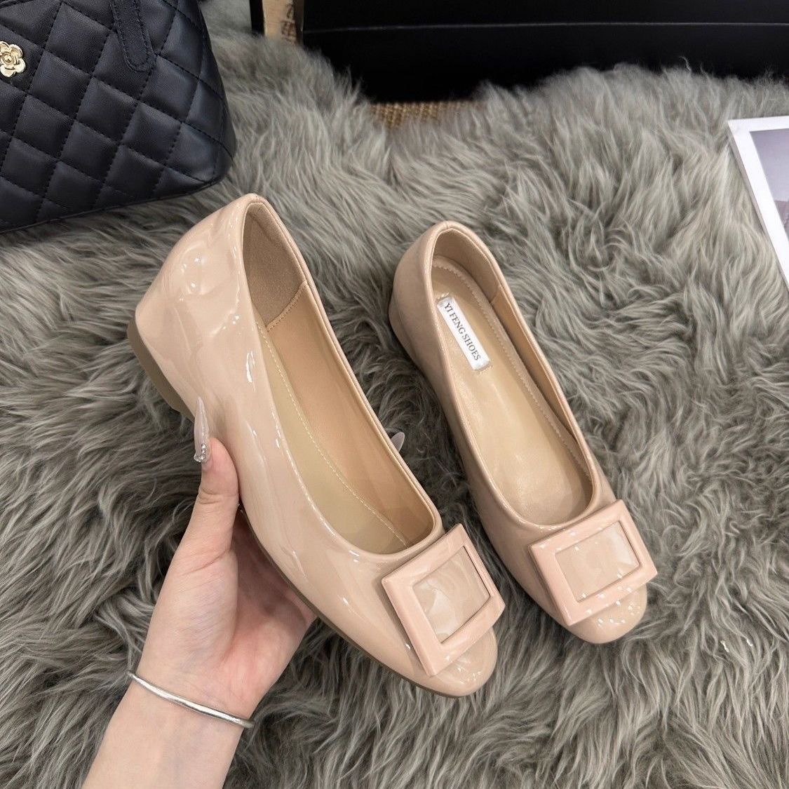 Genuine Leather ~ 5cm Height Increase Mary Jane Shoes for Women, French Classic Square Buckle Retro Evening Small Shallow Flat Shoes