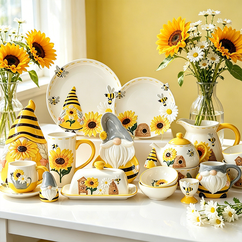 Foreign Trade Wholesale Ceramic Bee, Gnome, Sunflower Relief Series Tableware Set, Bowls, Plates, Butter Dishes, Exclusively for Cross-Border Sales