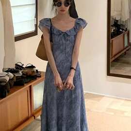 韩系蓝色显白小飞袖系带印花连衣裙女2026夏季新款显瘦裙子图片色