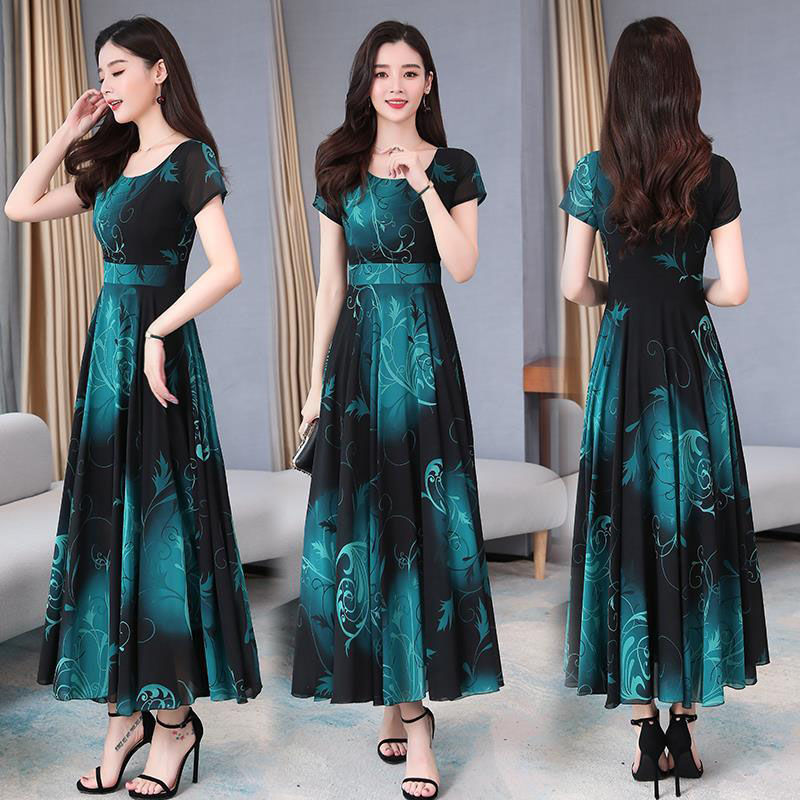 Mother's Short-sleeved Round Neck Artistic Printed Dress 2023 Summer Waist Large Size Women's Dress Women's Summer