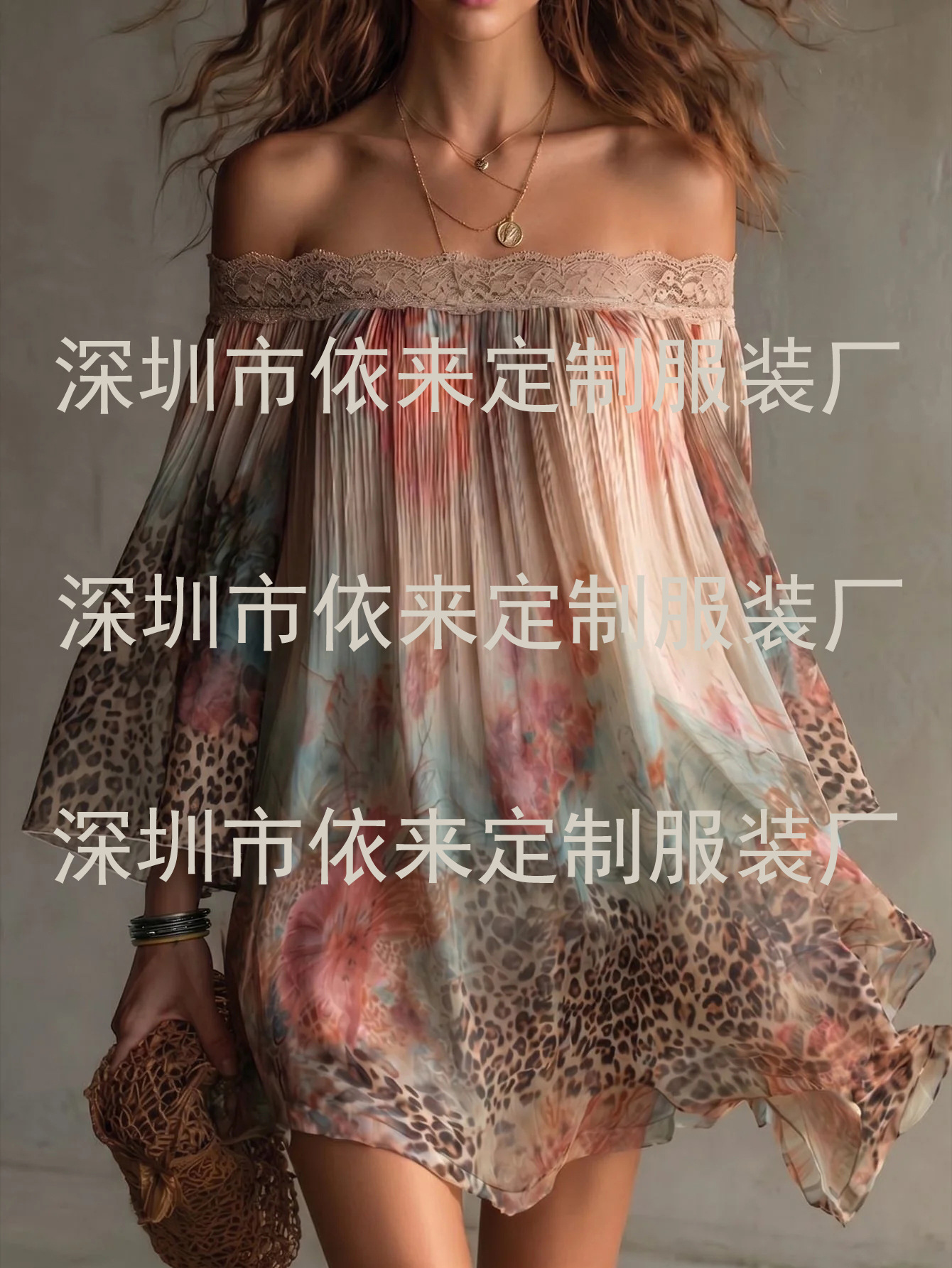 Lace Off-The-Shoulder Leopard Floral Print Pleated Loose-Fitting Slimming Chiffon Vacation-Style Short Dress