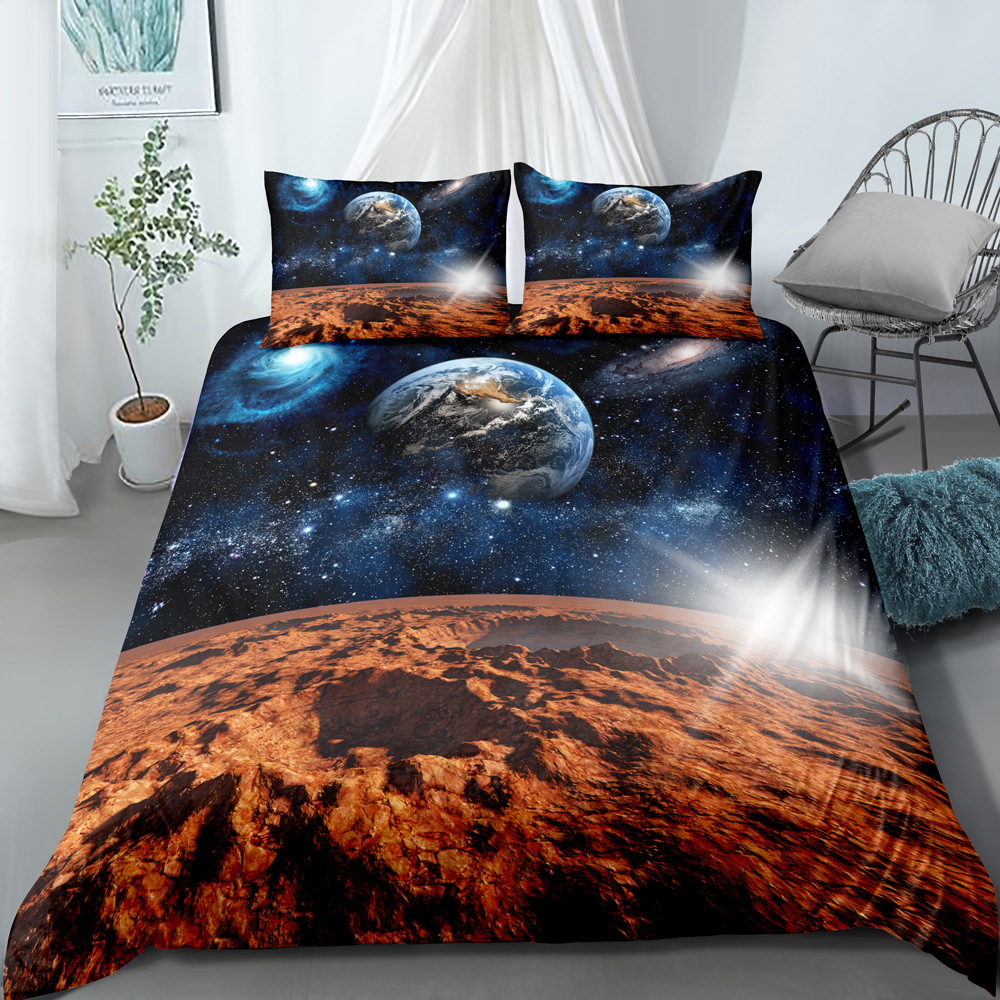 Ensemble de literie trois pièces ciel étoilé univers imprimé numérique, housse de couette et taie d'oreiller personnalisables_voghion.com