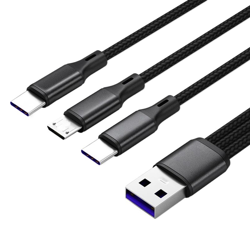 Un minuto tres cable de datos trenzado de nylon 5A carga súper rápida un arrastre cable de carga de tres cabezas 1 M extendido 3 m Longitud