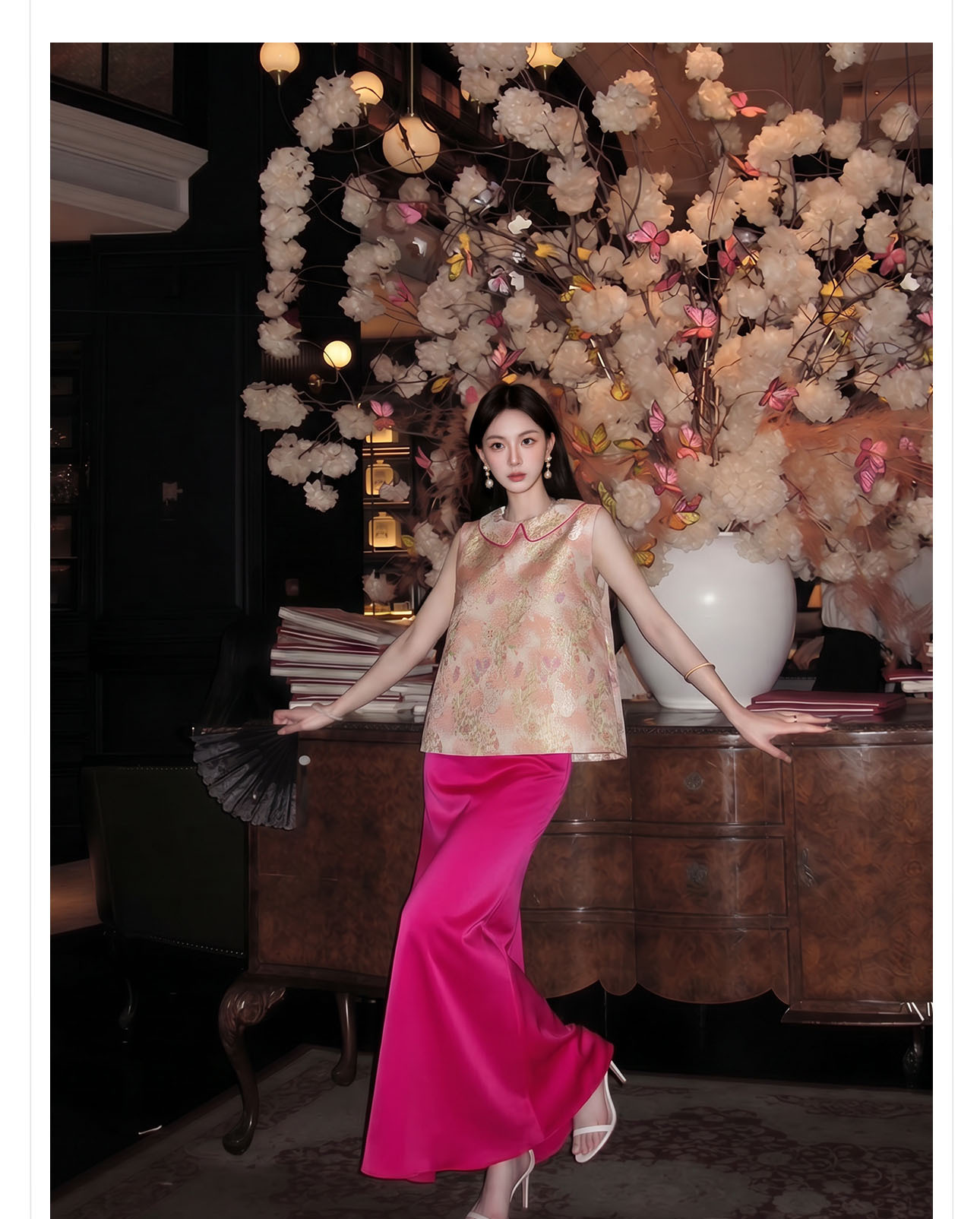 Bộ áo gile + chân váy nữ phong cách Trung Hoa mới, chất liệu jacquard cao cấp, form thắt eo thanh lịch — Áo khoác Carmine, Trang phục [Áo khoác màu hồng+váy đỏ], Màu đỏ nửa váy chi tiết 6