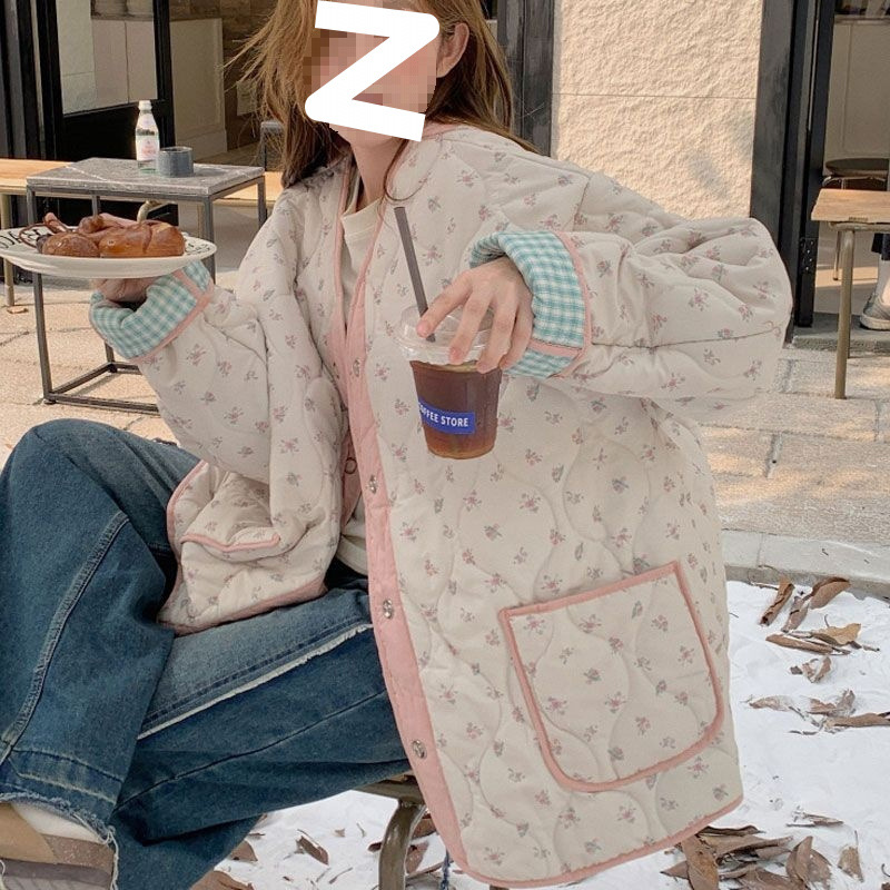 设计感碎花葫芦花棉服外套女2025秋冬季新款宽松两面穿单排扣上衣