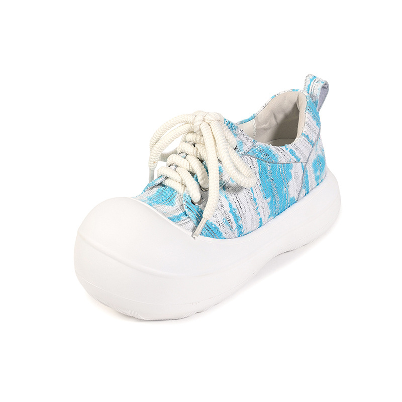 Giày loafer nữ đế xuồng platform 5cm, mũi tròn buộc dây, da thật — xanh lam, màu vàng