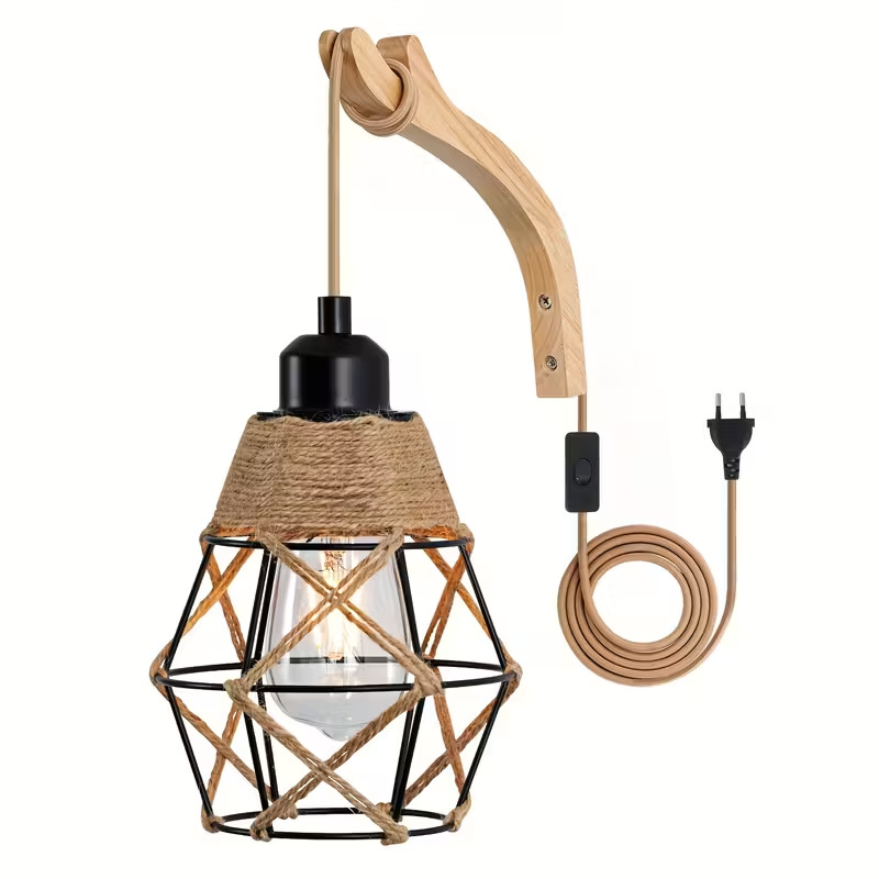 Lámpara de pared enchufable estilo americano rústico madera sólida lámpara de pared de cuerda de cáñamo industrial lámpara de pared de cuerda de cáñamo transfronteriza lámpara de pared de comercio electrónico