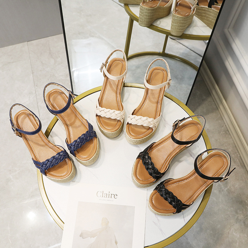 New Model Women's Wedge Sandals With High Heel, Single Strap Buckle, Solid Color Peep-toe Sandals, European And American_vogvips.com
