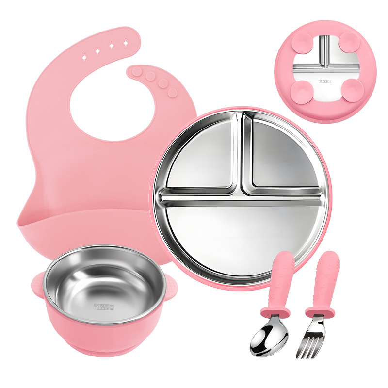Bandeja de comedor de acero inoxidable 304 para niños Juego de cinco piezas Ventosa inferior Tipo de rejilla dividida Vajilla para niños Placa de rejilla cuantitativa para estudiantes
