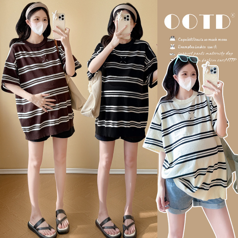 Real Shot of 2026 New Summer Short-Sleeve Maternity Top, Versatile, Loose-Fitting, Slimming, Simple Knit Striped Top