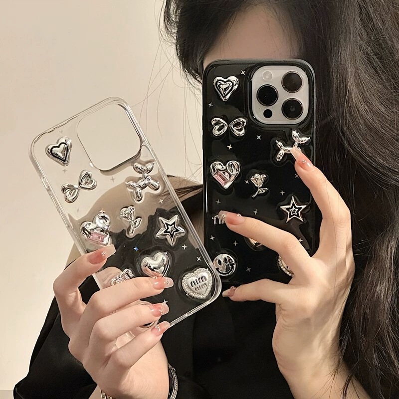 Sweet and Cool Y2K Silver Smiley Face Balloon Dog Phone Case for iPhone 17pm, Apple 16pro, Heart-shaped 15 New Model 14 Sweet and Cool Y2K Silver Smiley Face Balloon Dog Phone Case for iPhone 17pm, Apple 16pro, Heart-shaped 15 New Model 14