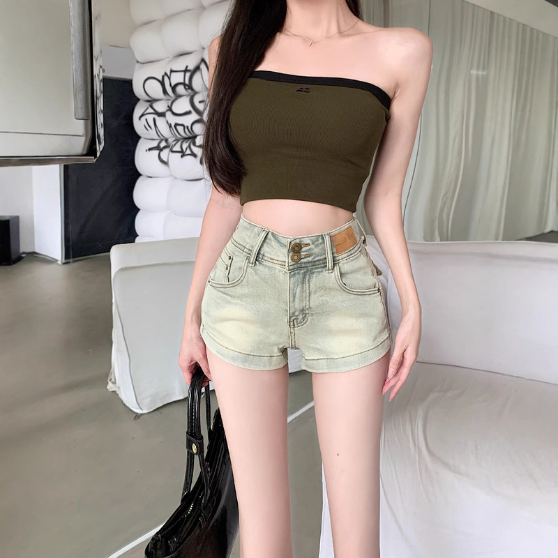Vintage distressed light color Denim shorts women's summer short high waist elastic close-fitting slimming ultra short straight hot pants