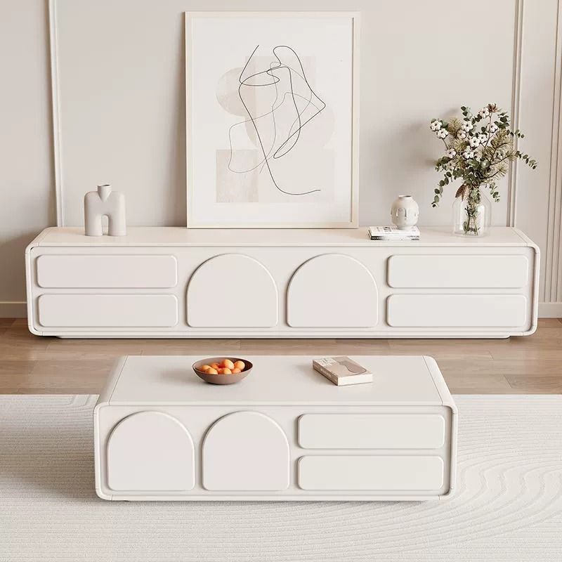 Cream-style solid wood TV cabinet and coffee table set&mdash;internet-famous living room furniture in Nordic style, tall storage TV cabinet with coffee table.