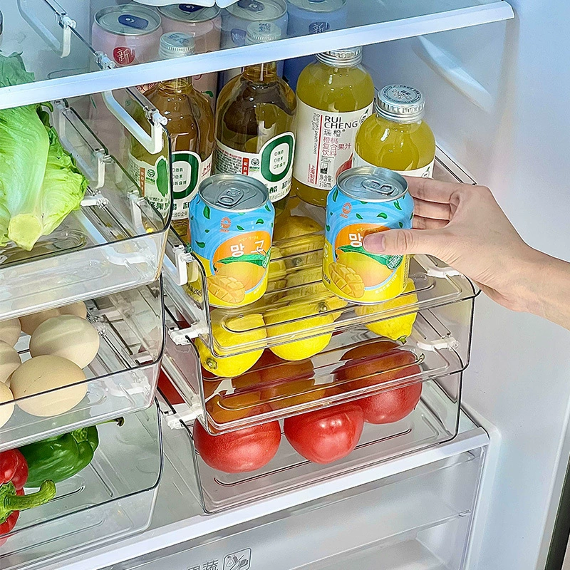 Refrigerator storage box — stackable transparent drawer, front‑pull, small and large sizes