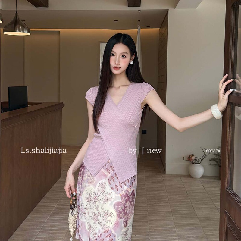Ls Elegant V-Neck Solid Color Slim-Fit Knit Top for Women Guangzhou Shisanxing 2026 Summer New Style Top 60087 #