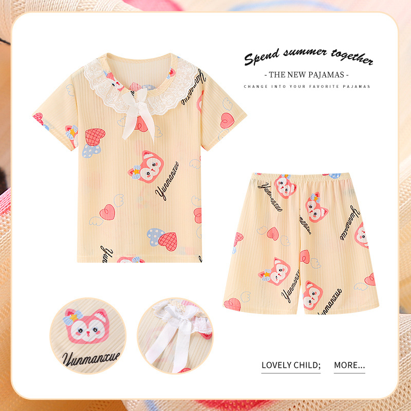 Pijamas de las niñas de verano de dibujos animados para niños de manga corta princesa estilo lindo Delgado medio y grande desgaste del hogar de los niños traje de encaje al por mayor